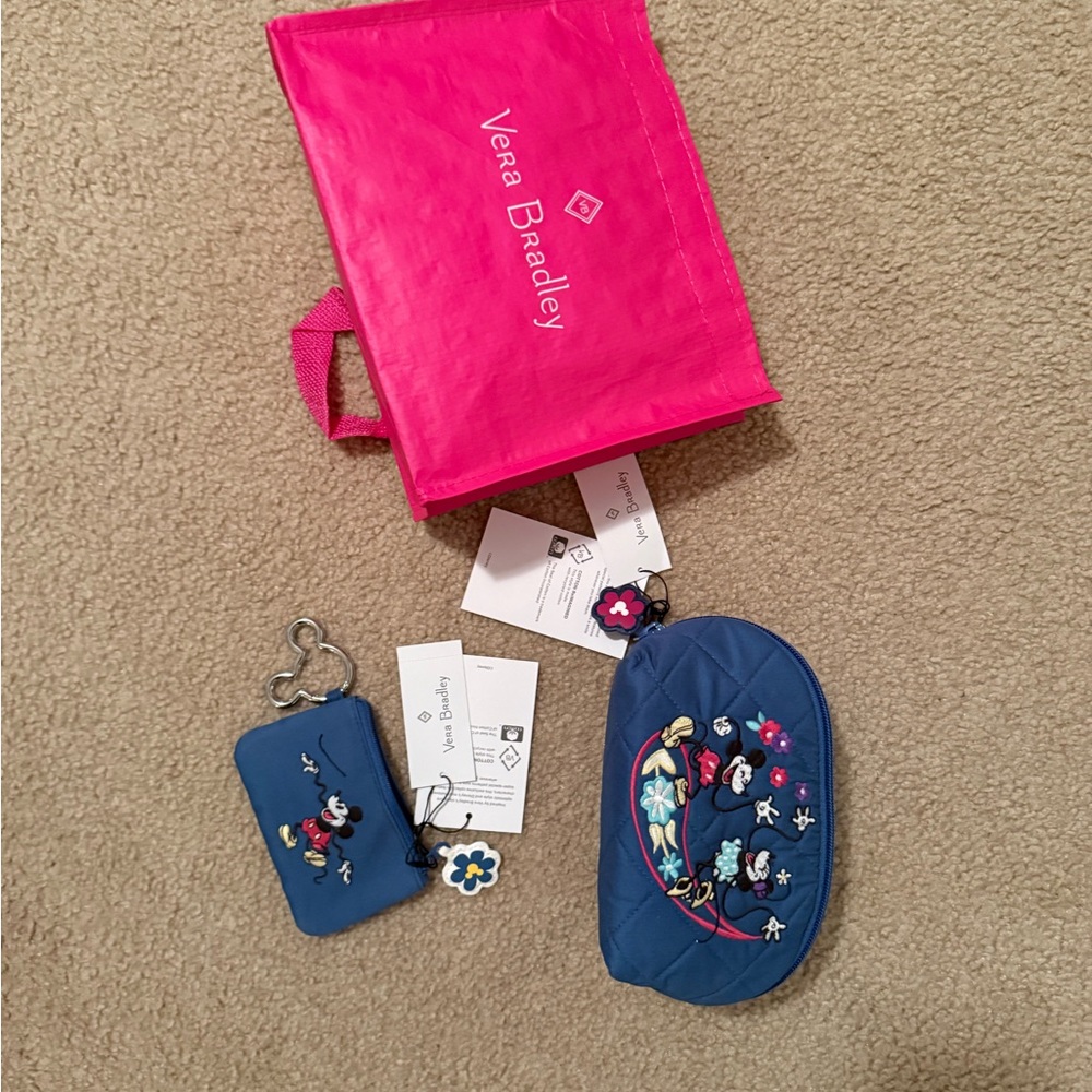 Brand New Vera Bradley Blue Disney Mickey Floral Pouch Set